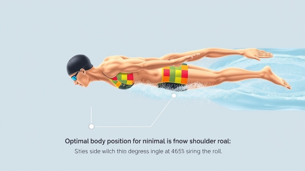 자유형 롤링 시 어깨와 수면의 각도(약 45도)를 바이오메카닉 관점에서 분석하여 저항을 최소화하는 유선형 자세를 보여주는 정밀 시각 자료